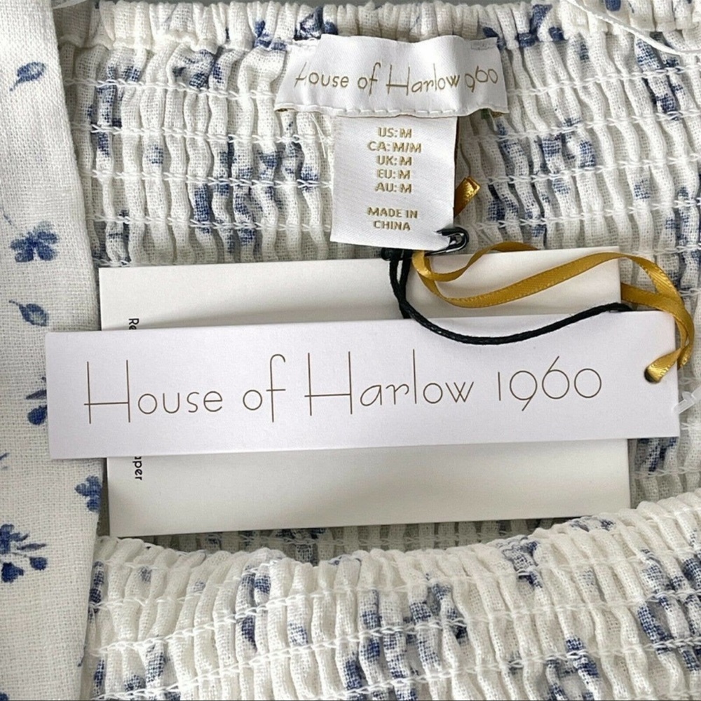 House of Harlow 1960 Linen Smocked Floral Midi Dress - Picture 2 of 5